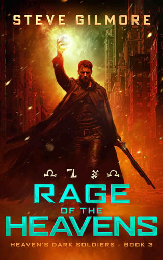 Book cover for Rage of the Heavens by Steve Gilmore featuring a caped figure holding a glowing orb against an orange cityscape backdrop