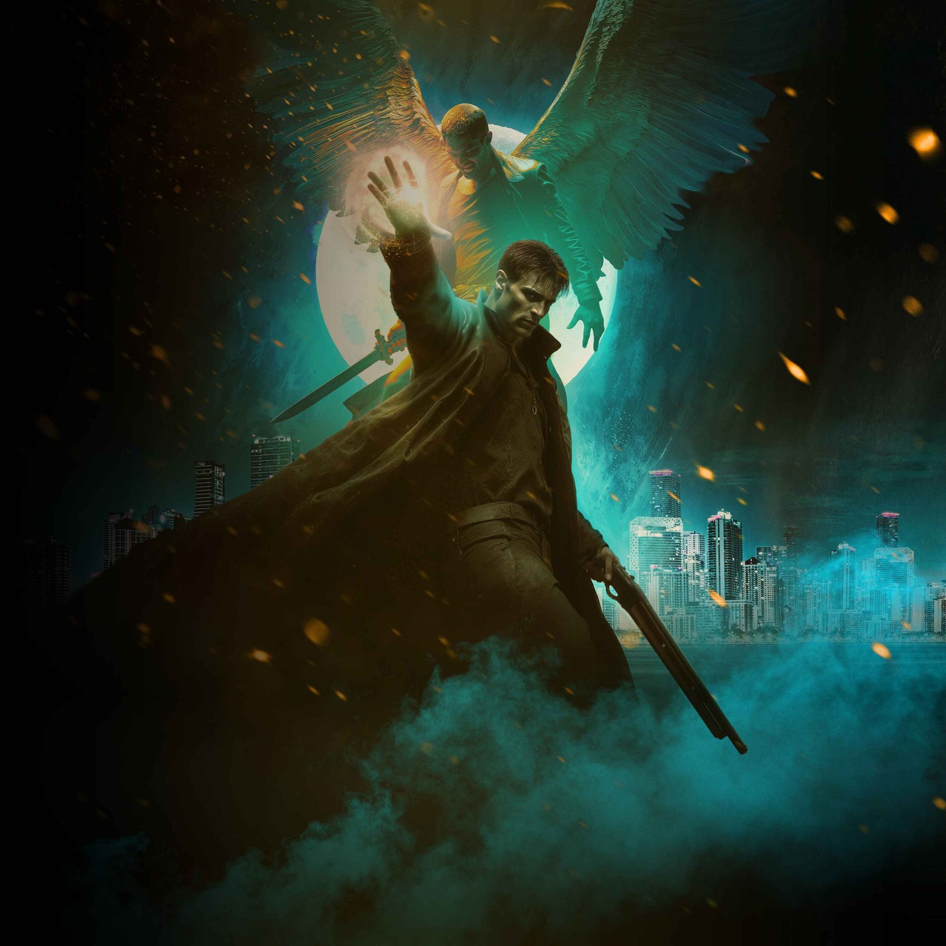 Superhero in dark coat flying over glowing cityscape with angelic figure above in turquoise atmospheric light