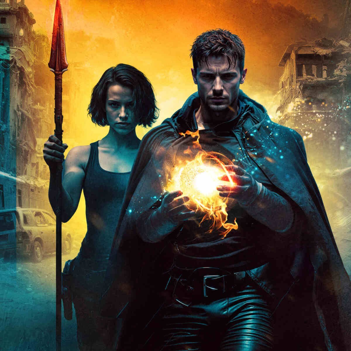 Two fantasy warriors stand against a glowing orange backdrop, one holding a red spear, the other with magical fire emanating from their hands