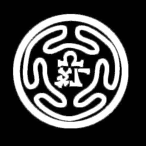 White circular emblem with anchor and scales of justice symbol surrounded by ornamental curved patterns on black background