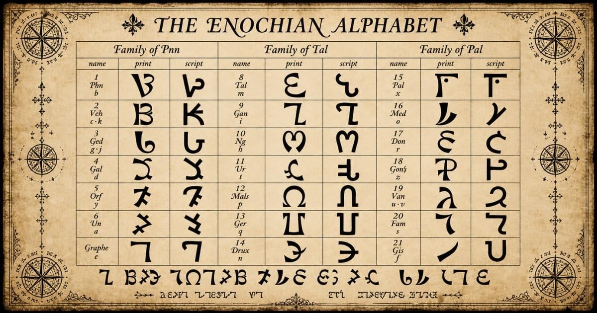 The Enochian Alphabet chart showing three families of letters (Pen, Tal, and Pal) with mystical symbols and decorative compass roses