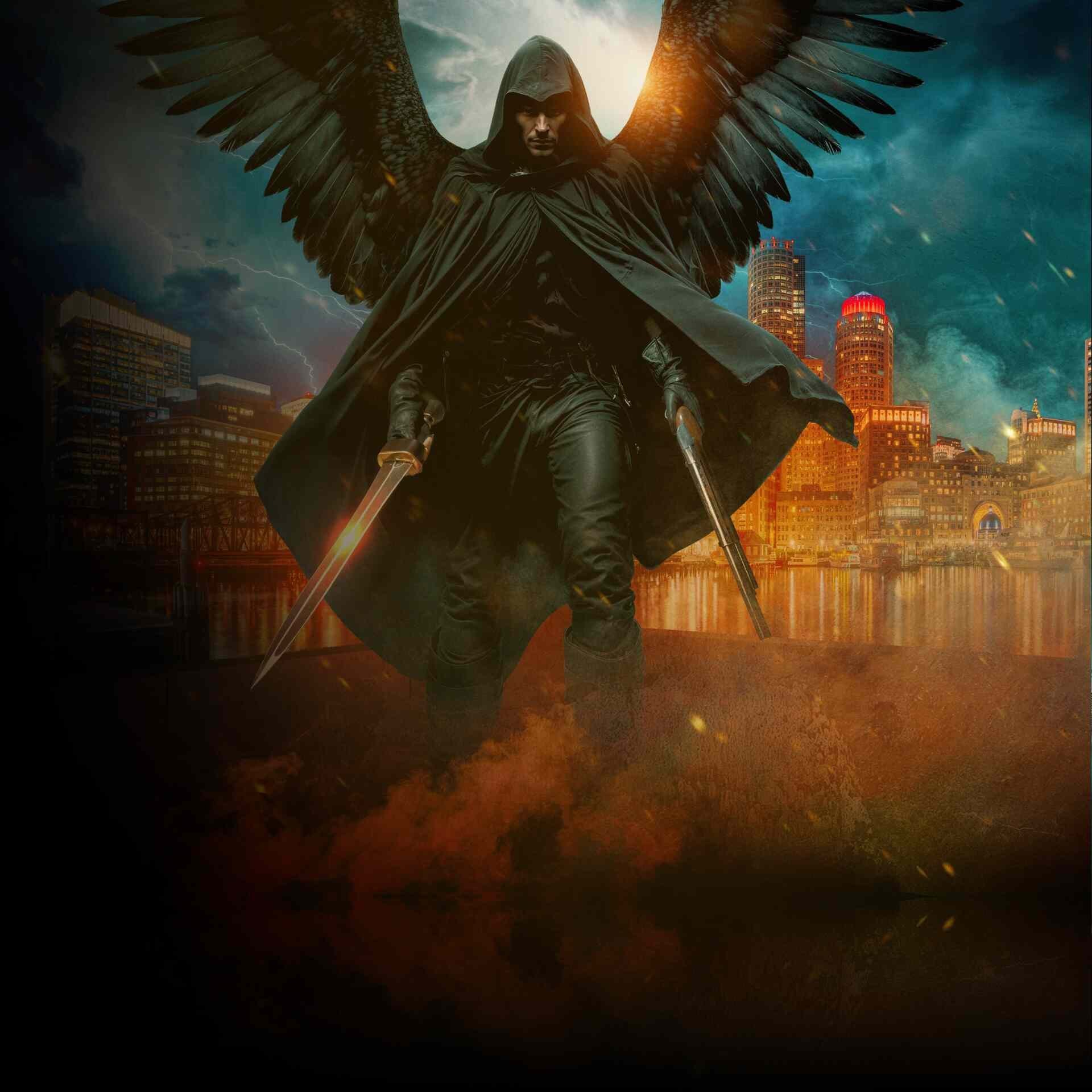 Dark winged angel figure with swords hovering above a glowing cityscape at night