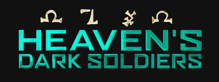 Heavens Dark Soldiers logo with cyan text and mystical symbols on black background