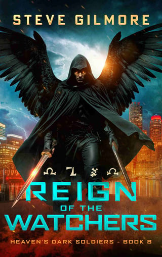 Book cover featuring Steve Gilmores Reign of the Watchers showing a winged dark figure with swords against a city skyline backdrop