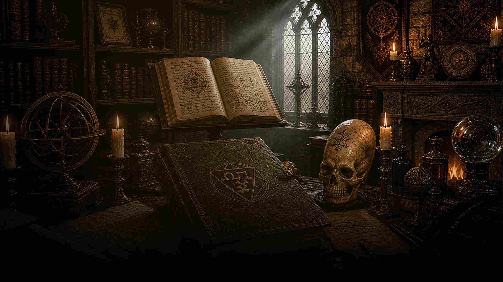 Mystical study room with open ancient book, skull, candles, astrolabe, and gothic window with light streaming through panes