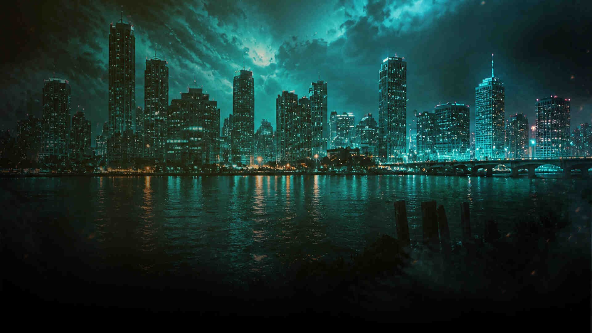 Futuristic city skyline at night with turquoise and blue neon lights reflecting on dark water