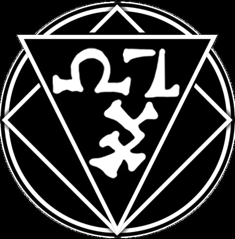 Black and white geometric emblem featuring a stylized skeleton figure within a triangular shield inside a circle