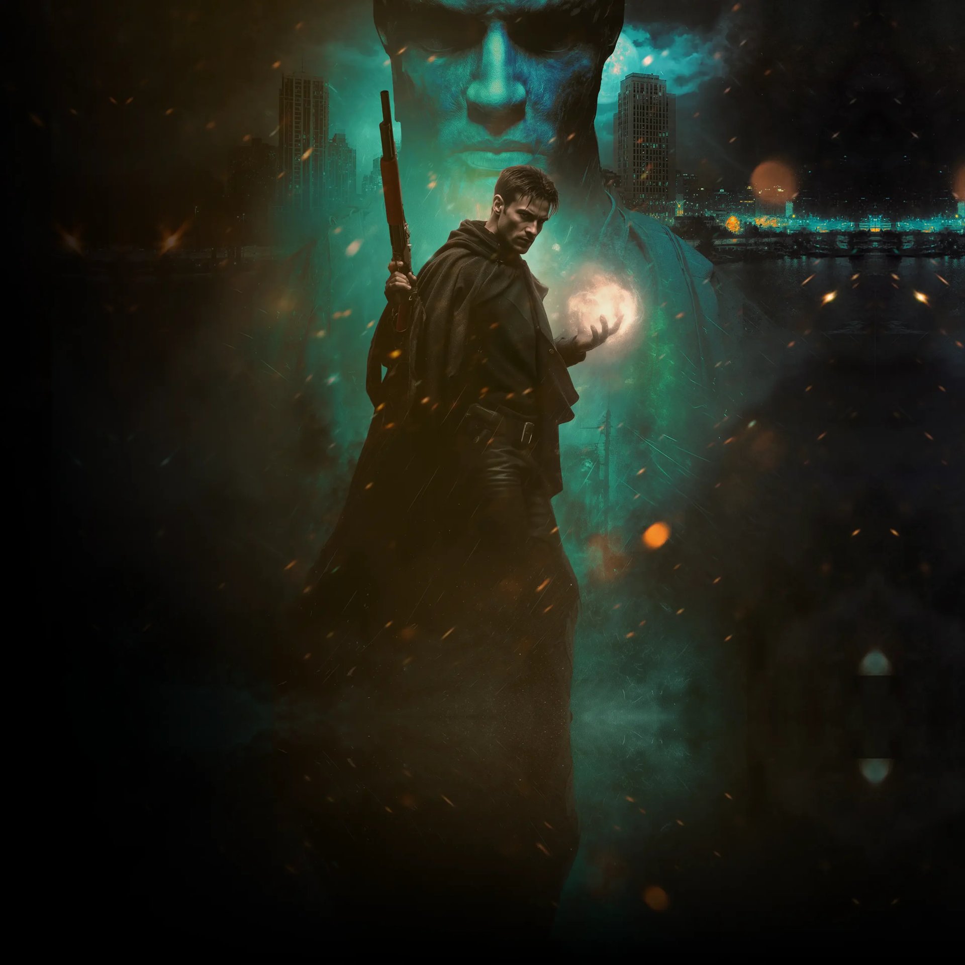 Soldier holding a rifle and glowing orb in a dark dystopian city with teal and orange atmospheric lighting